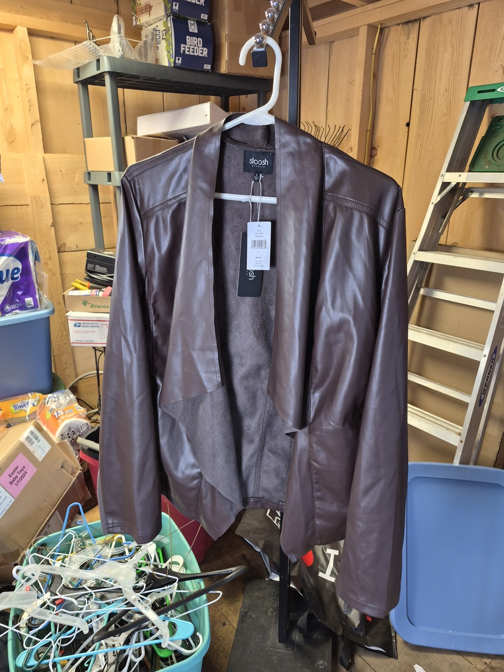 Stoosh Chocolate Brown Lightweight Faux Leather Drape Jacket Bin 67